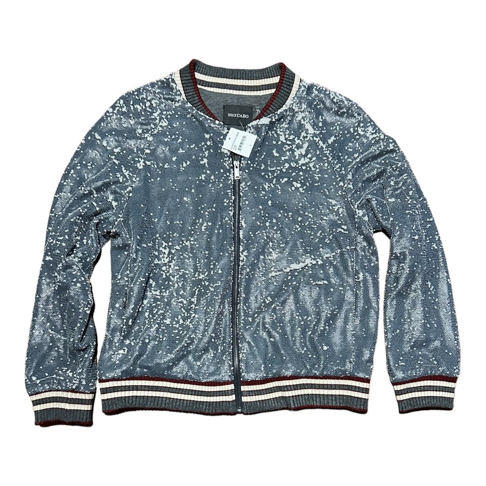 Dolce Cabo Matte Sequin Varsity Bomber Jacket Navy Womens Small NWT 74306